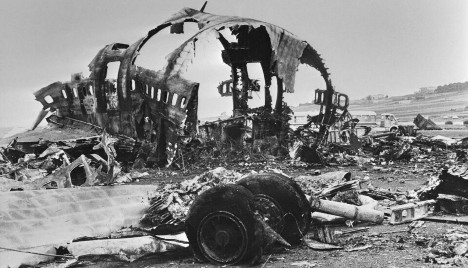 Wreckage on the runway of Los Rodeos after the Tenerife airport disaster of March 27, 1977