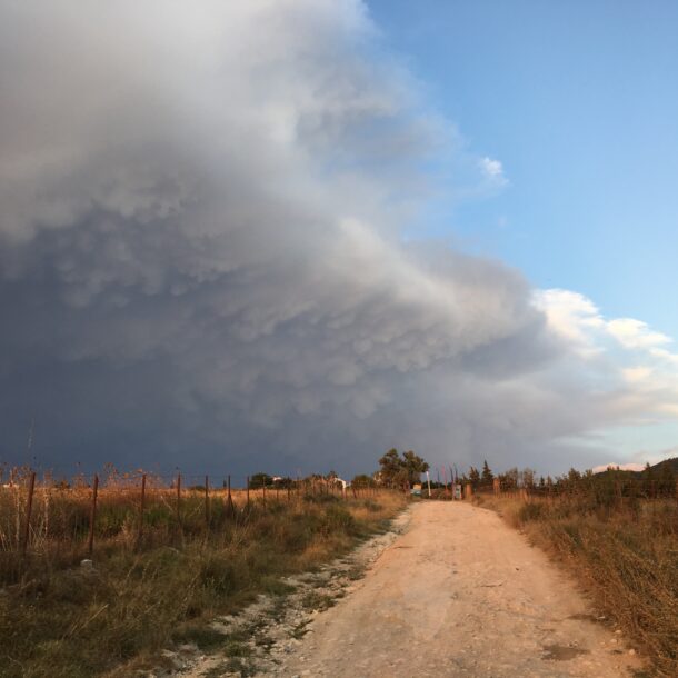 Mammatus clouds - form when cold, sinking air (laden with ice crystals or water droplets) descends into warmer, drier air below, creating those distinctive rounded lobes. They're usually found on the underside of cumulonimbus anvils — the spreading top of a large thunderstorm