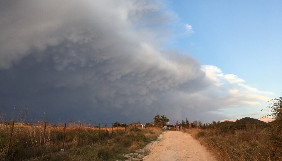 Mammatus clouds - form when cold, sinking air (laden with ice crystals or water droplets) descends into warmer, drier air below, creating those distinctive rounded lobes. They're usually found on the underside of cumulonimbus anvils — the spreading top of a large thunderstorm