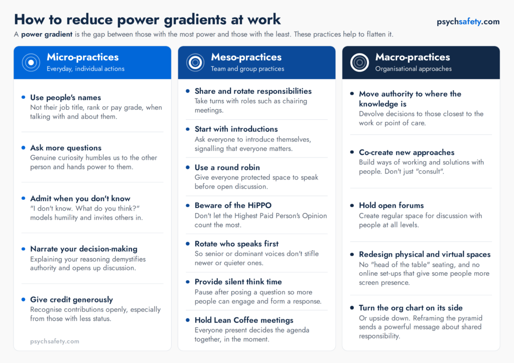 Grid of actions at the individual, team and organisational level to help reduce power gradients